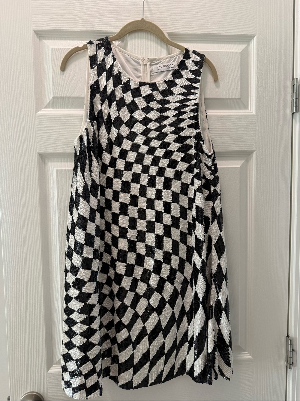 Mac Duggal Black and White Sequin Optical-Check A-Line Dress